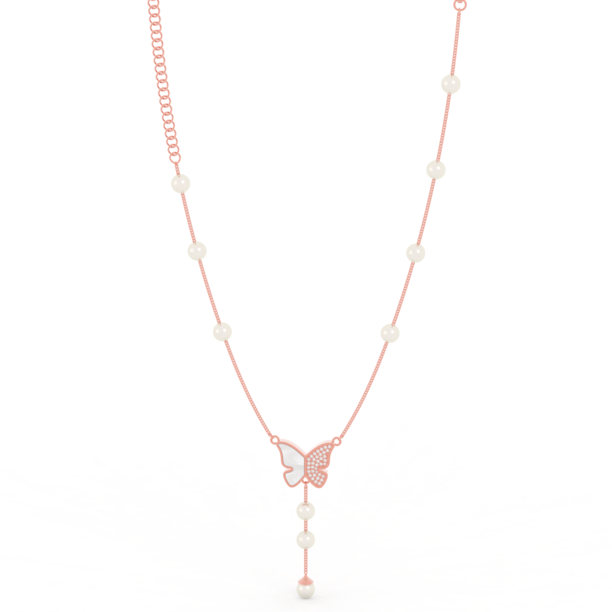 Adorable Butterfly Pearl Y Shape Necklace, Hallmarked 925 Sterling Silver